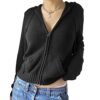 Women Zip Up Long Sleeve Crop Hooded Tops Ribbed Knit Cropped Hoodie Jacket Y2k Cute Sweater Pullover