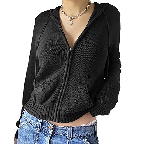 Women Zip Up Long Sleeve Crop Hooded Tops Ribbed Knit Cropped Hoodie Jacket Y2k Cute Sweater Pullover