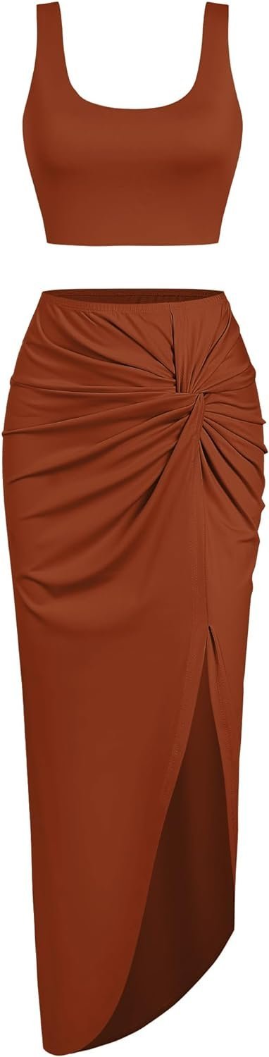 Women’s 2 Pieces Skirt with Crop Tank, High-Slit Twist Skirt Set Bodycon Dress for Party Club Nightout Cocktail