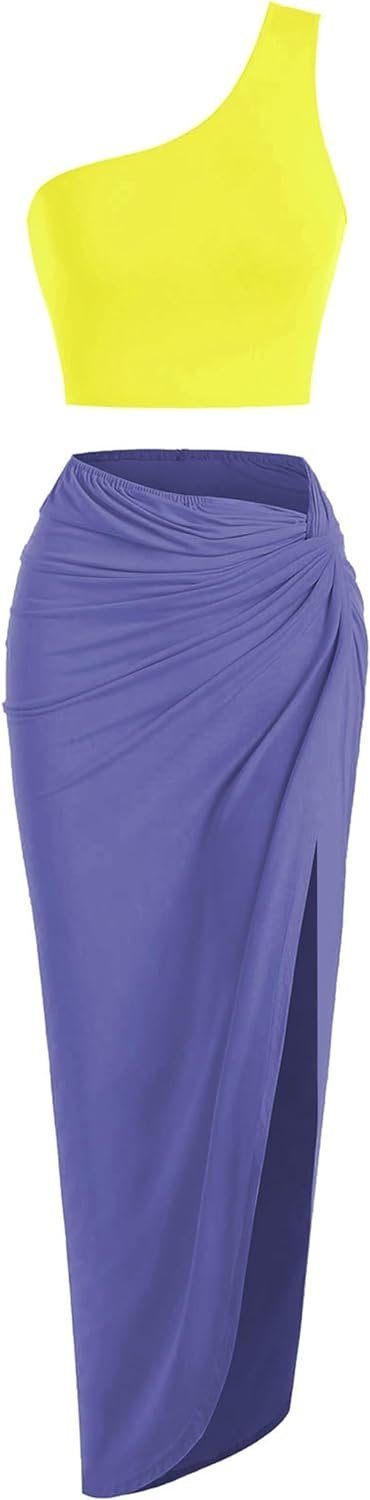 Women’s 2 Pieces Skirt with Crop Tank, High-Slit Twist Skirt Set Bodycon Dress for Party Club Nightout Cocktail