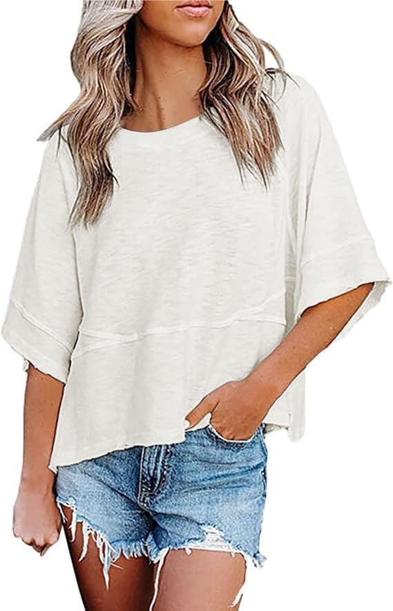 Womens Fashion T-Shirt CrewNeck 3/4 Sleeves Solid Color Loose Basic Pullover Tops Summer Casual Tees Blouses