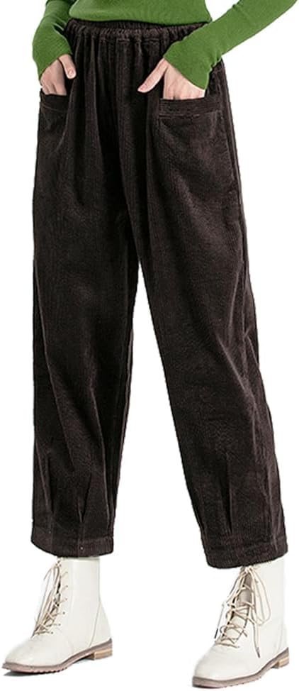 Women's Corduroy Baggy Pants Elastic Waist Loose Harem Pant Cotton Wide Leg Trousers with Pockets