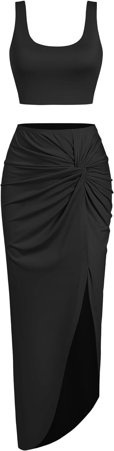 Women’s 2 Pieces Skirt with Crop Tank, High-Slit Twist Skirt Set Bodycon Dress for Party Club Nightout Cocktail
