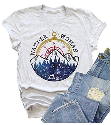 Women Mountain Camping T-Shirt Summer Camping Hiking Vacation Shirts Teen Girls Funny Forest Camper Tees Tops