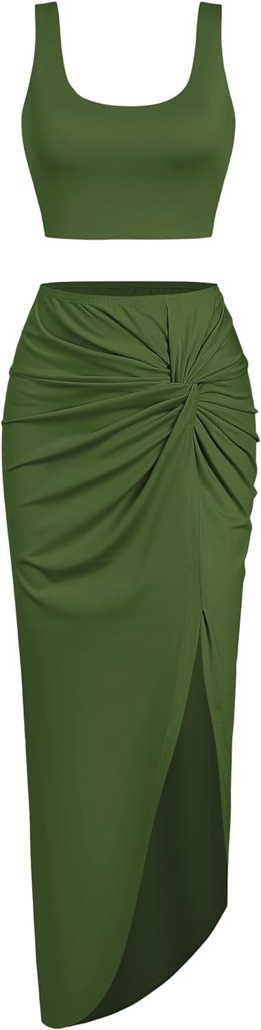 Women’s 2 Pieces Skirt with Crop Tank, High-Slit Twist Skirt Set Bodycon Dress for Party Club Nightout Cocktail
