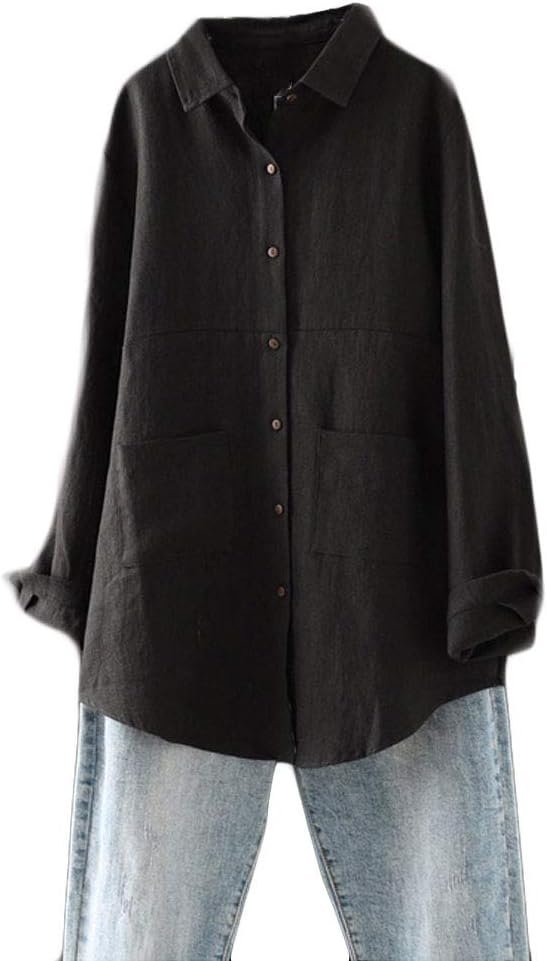 Women's Linen Shirts Button Down Long Tunic Tops Plus Size Blouse with Pockets