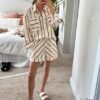 Women's Striped 2 Piece Outfits Casual Oversized Button Down Shirts and Short Lounge Pajamas Set