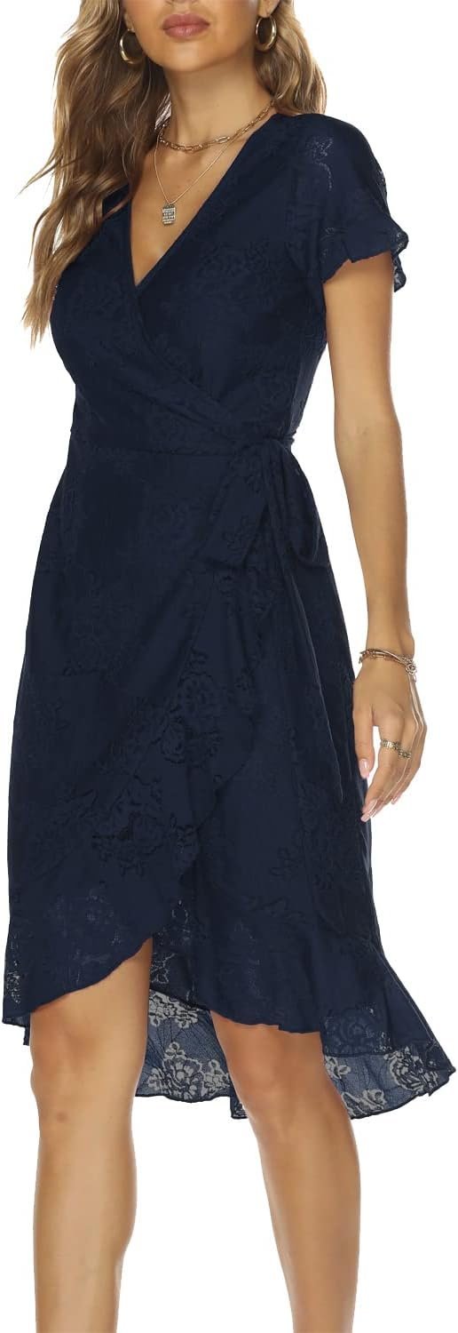 Women's Classic Floral Lace V Neck Wrap Dress Wedding Guest Ruffle Hem Split High Low Midi Cocktail Dresses 942