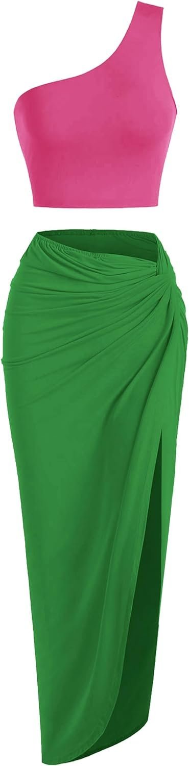 Women’s 2 Pieces Skirt with Crop Tank, High-Slit Twist Skirt Set Bodycon Dress for Party Club Nightout Cocktail