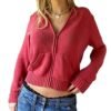 Women Zip Up Long Sleeve Crop Hooded Tops Ribbed Knit Cropped Hoodie Jacket Y2k Cute Sweater Pullover