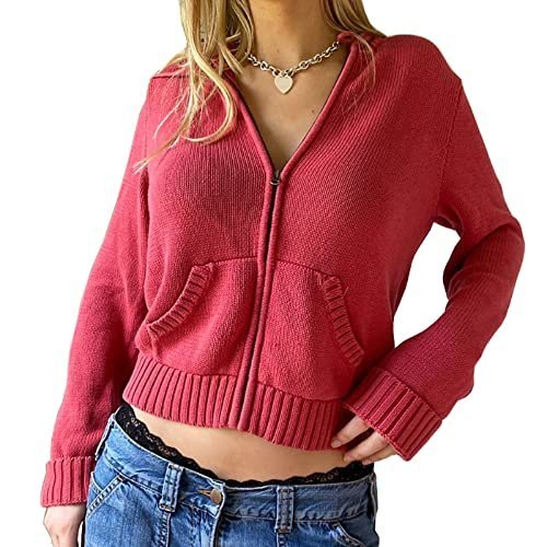 Women Zip Up Long Sleeve Crop Hooded Tops Ribbed Knit Cropped Hoodie Jacket Y2k Cute Sweater Pullover