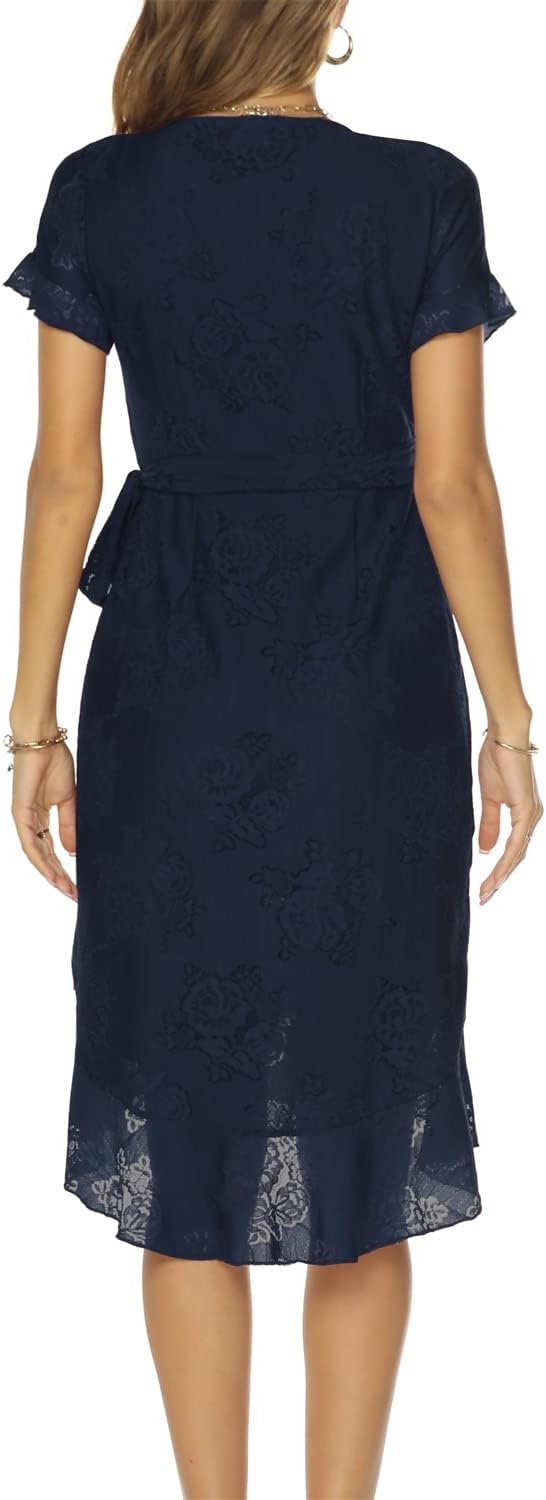 Women's Classic Floral Lace V Neck Wrap Dress Wedding Guest Ruffle Hem Split High Low Midi Cocktail Dresses 942