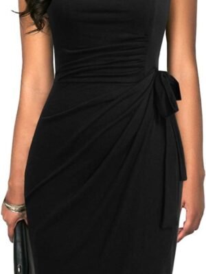 Women's Retro 1950s Cap Sleeve Knee-Length Sheath Slim Business Casual Party Ruched Bodycon Faux Wrap Dress