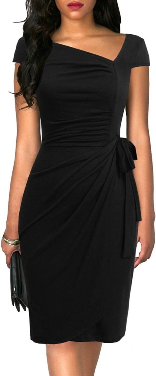 Women's Retro 1950s Cap Sleeve Knee-Length Sheath Slim Business Casual Party Ruched Bodycon Faux Wrap Dress