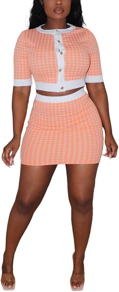 Womens Casual Plaid 2 Piece Outfits Long Sleeve Jacket Crop Top Bodycon Mini Skirt Set Plaid Suits Stripe Suits