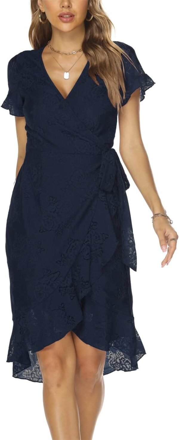 Women's Classic Floral Lace V Neck Wrap Dress Wedding Guest Ruffle Hem Split High Low Midi Cocktail Dresses 942