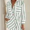 Women's Striped 2 Piece Outfits Casual Oversized Button Down Shirts and Short Lounge Pajamas Set