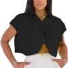 2024 Women's Summer Cute Button Down Shirts Crop Tops Fashion Lapel Cap Sleeves Blouse Trendy Streetwear