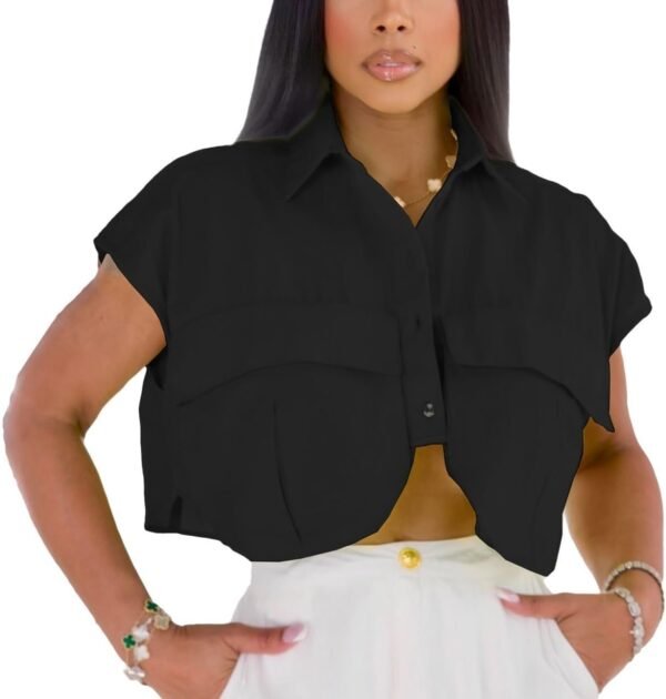 2024 Women's Summer Cute Button Down Shirts Crop Tops Fashion Lapel Cap Sleeves Blouse Trendy Streetwear