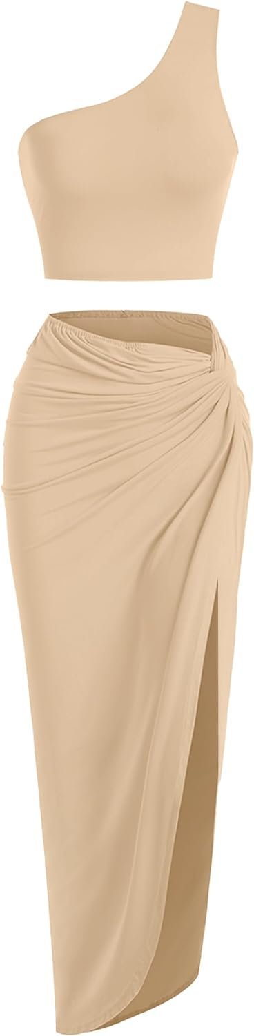 Women’s 2 Pieces Skirt with Crop Tank, High-Slit Twist Skirt Set Bodycon Dress for Party Club Nightout Cocktail