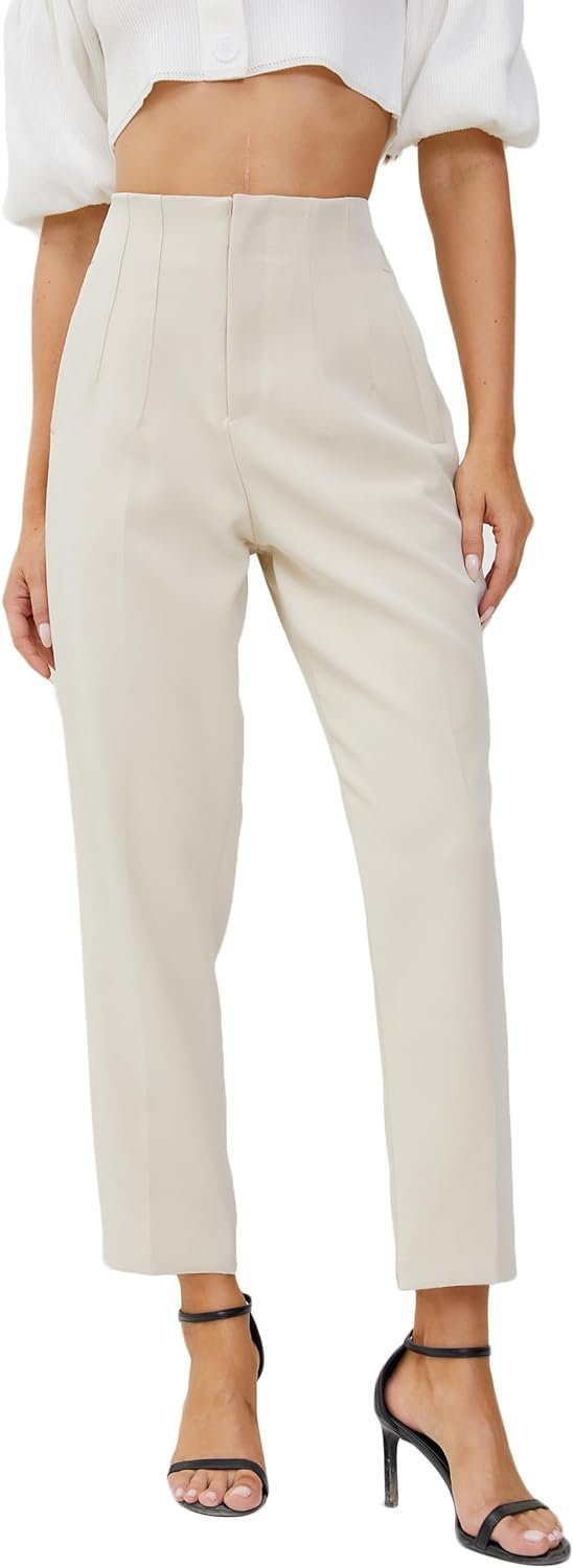 Women's High Waisted Business Trousers Straight Leg Pleated Office Slacks Pants
