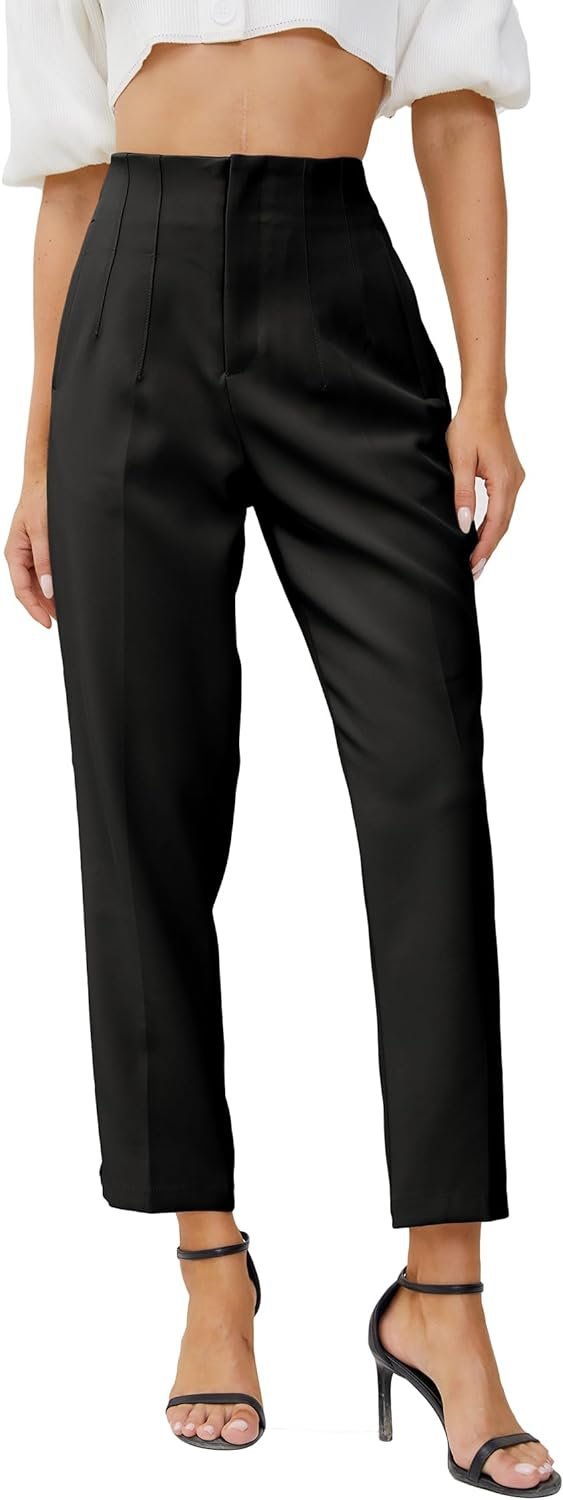 Women's High Waisted Business Trousers Straight Leg Pleated Office Slacks Pants