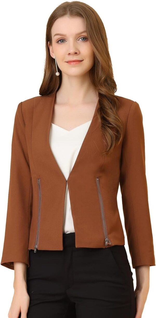 Women's Crop Collarless Blazers Suit Zip Decor Work Office Jackets Blazer
