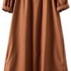 Women's Cotton Linen Dress Short Sleeve Midi Casual Tunic Dress with Pockets