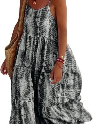 Women Summer Dresses 2024 Spaghetti Strap Scoop Neck Floral Maxi Dress Flowy Boho Long Sundress with Pockets