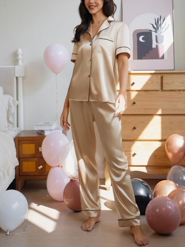 Silk Pajama Set for Women Satin Short Sleeve Sleepwear Button Down Loungewear 2 Piece Pj Sets