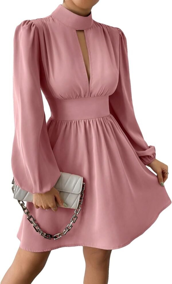 Women's Long Lantern Sleeve Mock Neck Cut Out Dress Elegant A Line Short Dresses