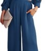 Women's 2 Piece Lounge Set Satin Outfits 2023 Spring Casual Long Puff Sleeve Crop Tops Loose Wide Long Palazzo Pants
