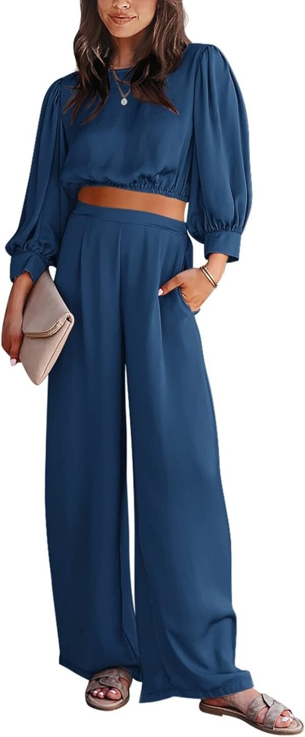 Women's 2 Piece Lounge Set Satin Outfits 2023 Spring Casual Long Puff Sleeve Crop Tops Loose Wide Long Palazzo Pants