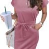 Women's Summer Striped Short Sleeve T Shirt Dress Casual Tie Waist with Pockets