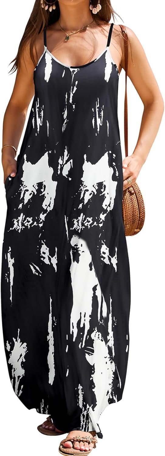 Women Summer Casual Bohemian Maxi Dress V-Neck Sleeveless Flowy Boho Floral Beach Long Dress with Pockets