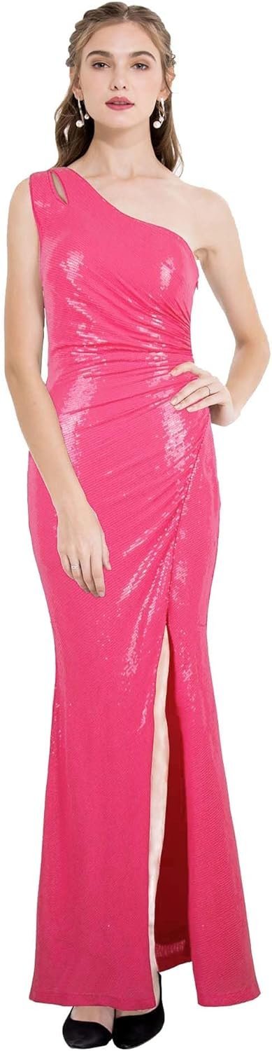 Women's One Shoulder Sleeveless Sequin Maxi Prom Dresses