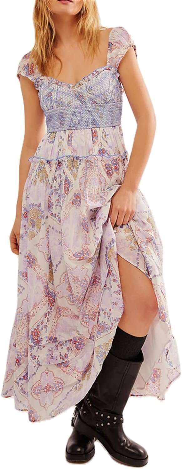 Women’s Floral Smocked Maxi Dress Boho Puff Sleeve Sweetheart A-Line Flowy Long Dresses Y2K Swing Beach Sundress