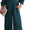 Women's 2 Piece Lounge Set Satin Outfits 2023 Spring Casual Long Puff Sleeve Crop Tops Loose Wide Long Palazzo Pants