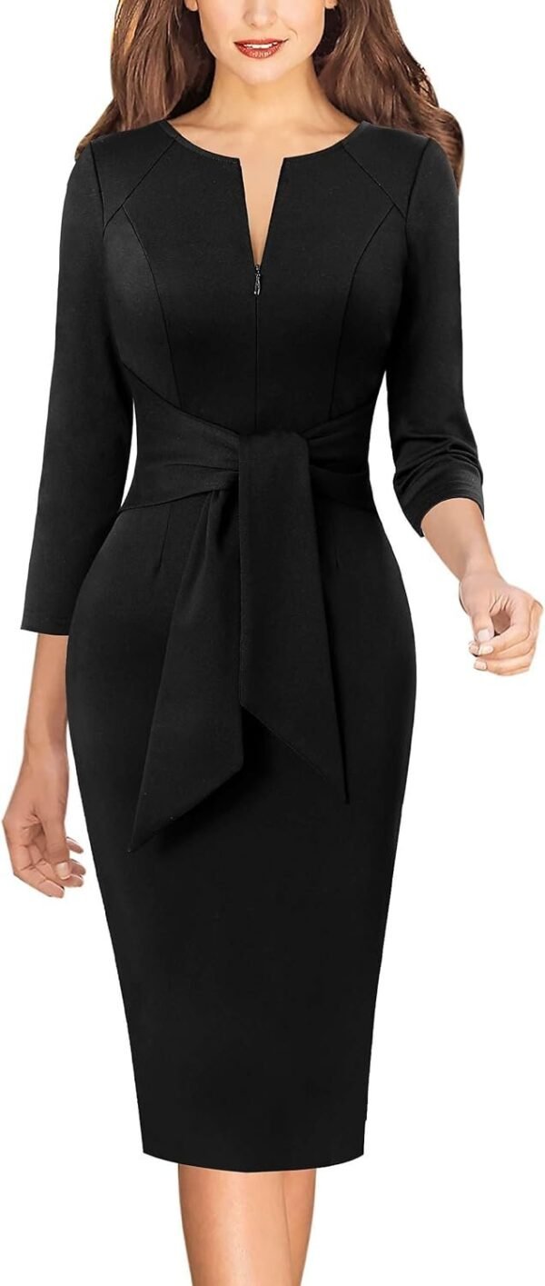 Womens Front Zipper Tie Waist Slim Work Business Office Bodycon Pencil Dress