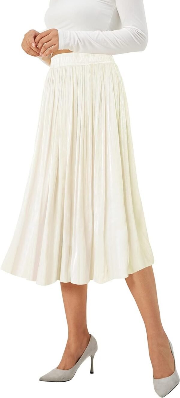Women High Elastic Waist Pleated Midi Long Skirt Swing A-line Skirts
