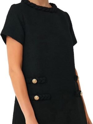 Women's Tweed Dress Short Sleeve Crew Neck A-line Party Vintage Mini Skirt Causal Dresses