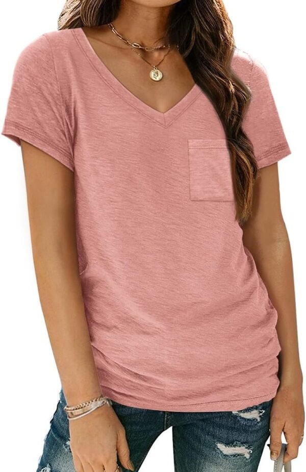 Womens T Shirts Short Sleeve V Neck Tops with Pockets Summer Fashion Trendy Soft Casual Comfy Outfits Clothes 2024