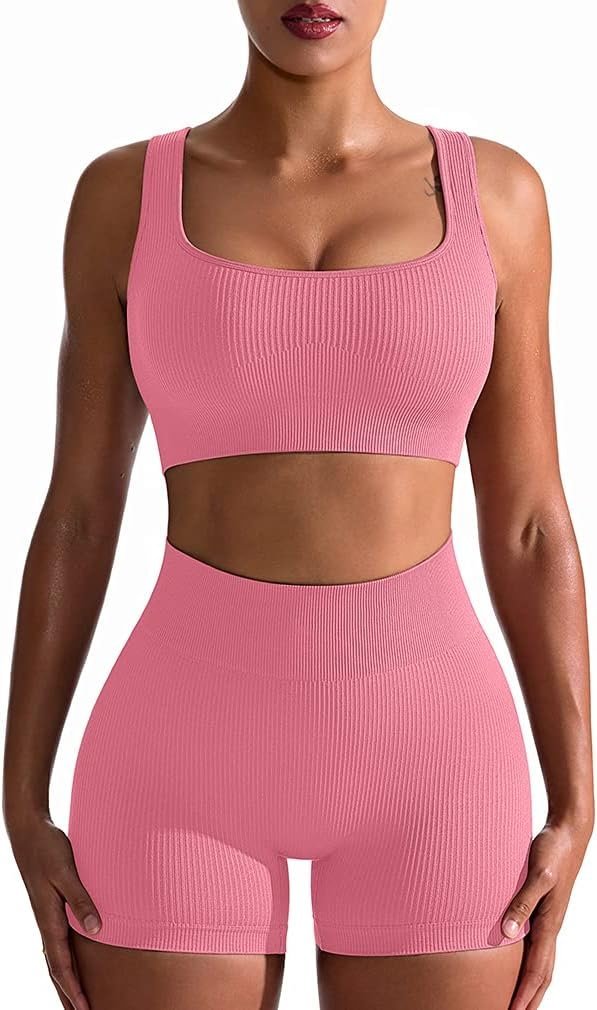 Workout Outfits for Women 2 Piece Seamless Ribbed High Waist Leggings with Sports Bra Exercise Set…