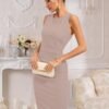 Womens Crew Neck Sleeveless Ruched Bodycon Sheath Work Cocktail Party Pencil Dresses
