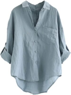 Women's Linen Blouse High Low Shirt Roll-Up Sleeve Tops