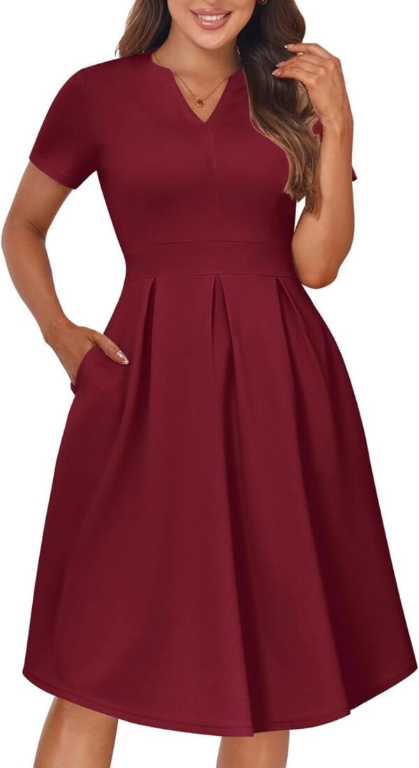 Womens Elegant Print Notched Neck Slant Pocket Pleated Hem Casual A-Line Dress