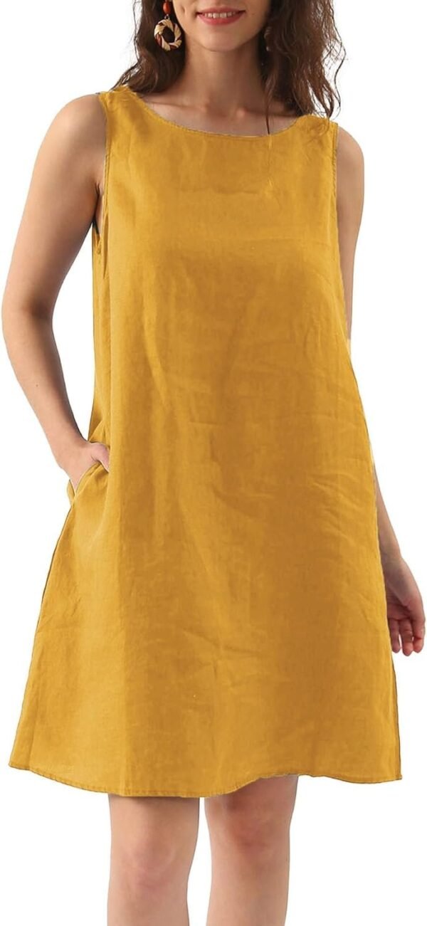 Women's Linen Sleeveless Shift Dress with Pockets Crew Neck Casual Tank Dress