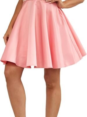 Women's Sweetheart Shiny Sequin Splicing A-Line Ruffles Satin Short Pink Prom Dresses for Teens