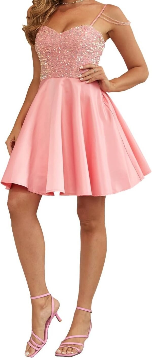 Women's Sweetheart Shiny Sequin Splicing A-Line Ruffles Satin Short Pink Prom Dresses for Teens