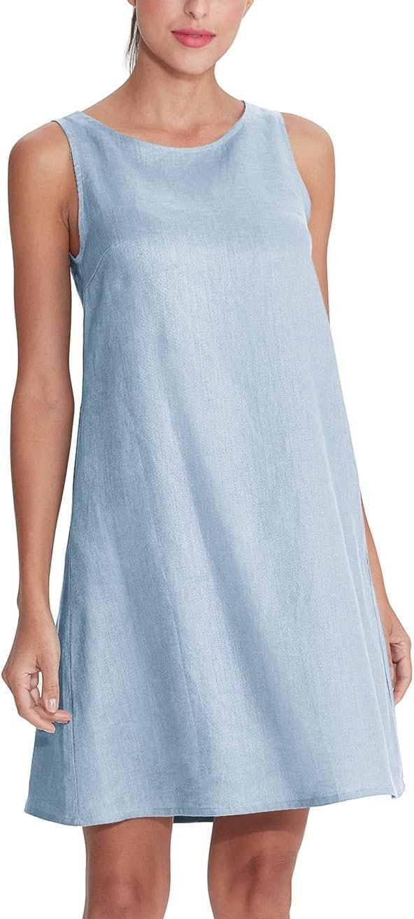 Women's Linen Sleeveless Shift Dress with Pockets Crew Neck Casual Tank Dress